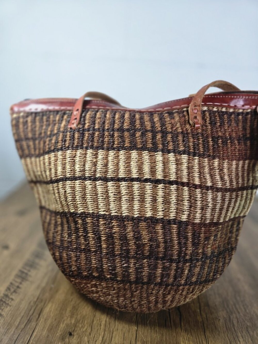 vtg Sisal Jute leather shopper tote african kenya tote purse zip closure - Picture 4 of 10